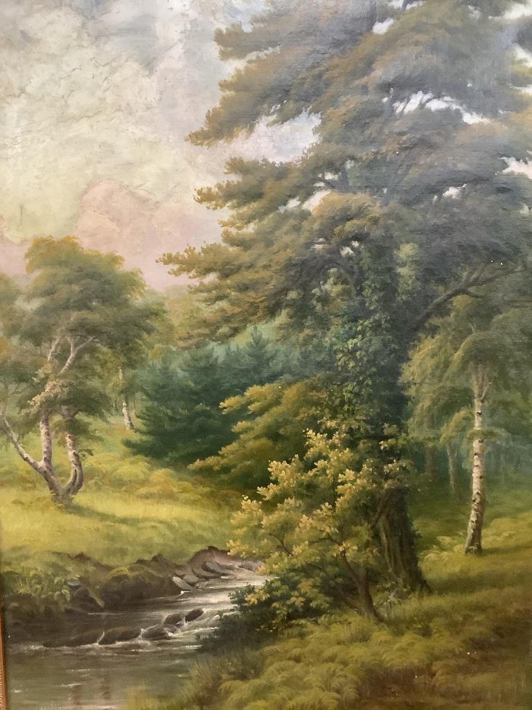 J. Holdporth, oil on canvas, wooded landscape with stream, signed and dated 1903 and three watercolours, 67.5 x 49.5cm (largest)